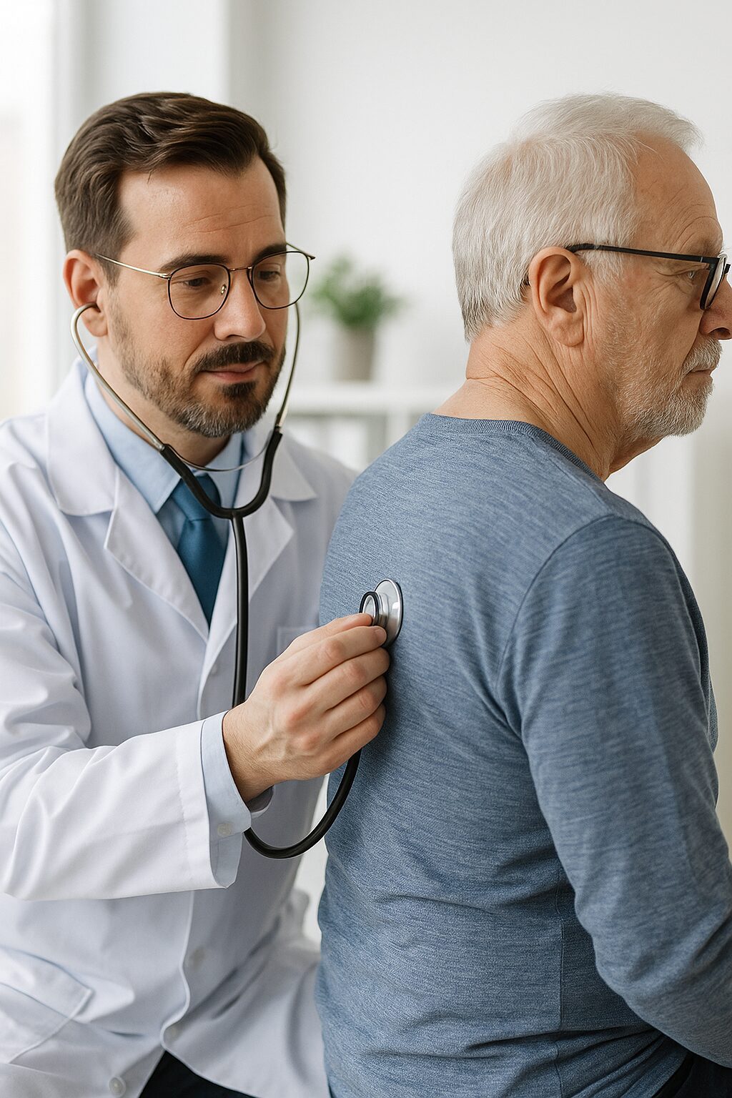 Doctor examining a patient’s lungs using a stethoscope during a wellness check