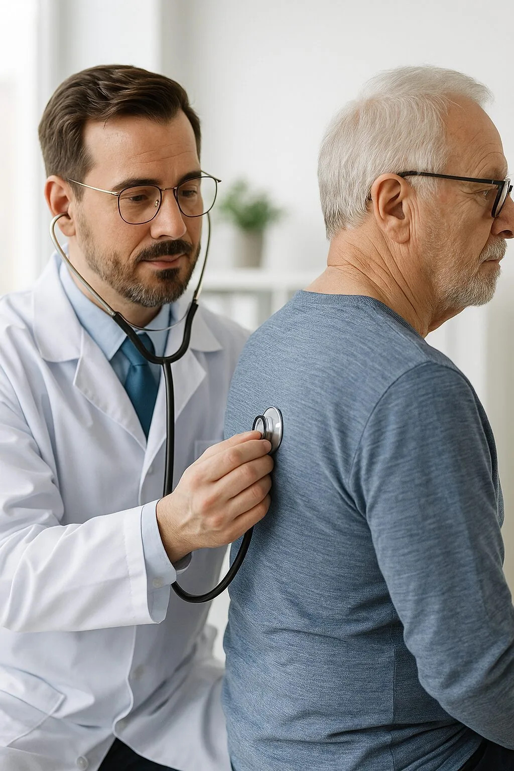 Doctor examining a patient’s lungs using a stethoscope during a wellness check